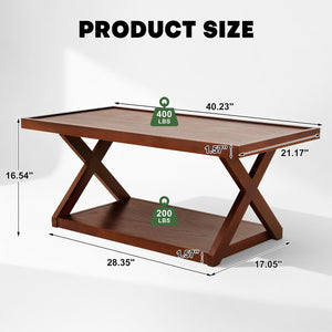 Solid Oak 2-Tier Coffee Table with X-Shaped Base