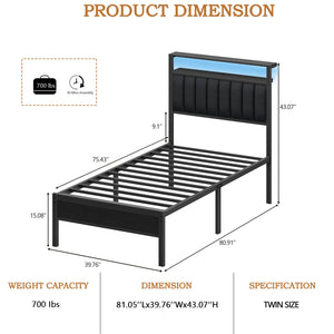 LED Bed Frame with Charging Station & Storage Headboard