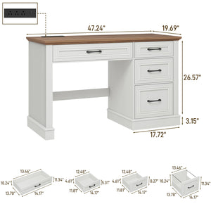47" Farmhouse Executive Desk with Drawers, File Drawer & Charging Station