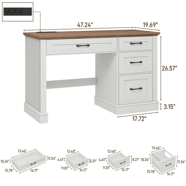 47" Farmhouse Executive Desk with Drawers, File Drawer & Charging Station
