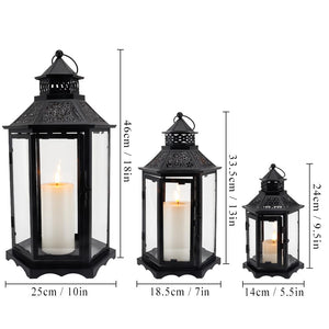 Set of 3 Hexagonal Vintage Metal Candle Lanterns with Tempered Glass