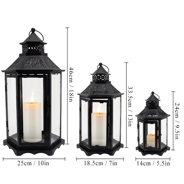 Set of 3 Hexagonal Vintage Metal Candle Lanterns with Tempered Glass