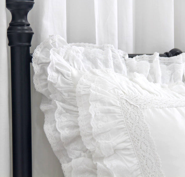 Euro Pillow Shams 26x26 – White Lace & Ruffle Cotton Covers