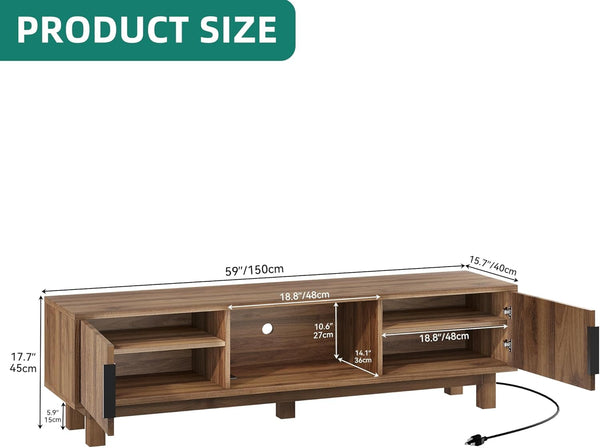 Fluted TV Stand with Power Outlets & Adjustable Shelves for 55–65 Inch TVs