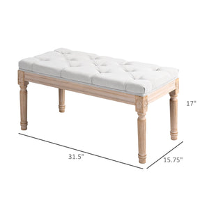 French Vintage Upholstered Bench – Button Tufted, Cream White