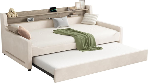 Twin Daybed with Trundle, Upholstered Velvet Bed Frame, LED Night Light, Storage Headboard, USB Charging