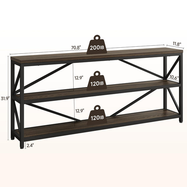 Industrial Console Sofa Table 70.8 Inch with 3-Tier Storage Shelf