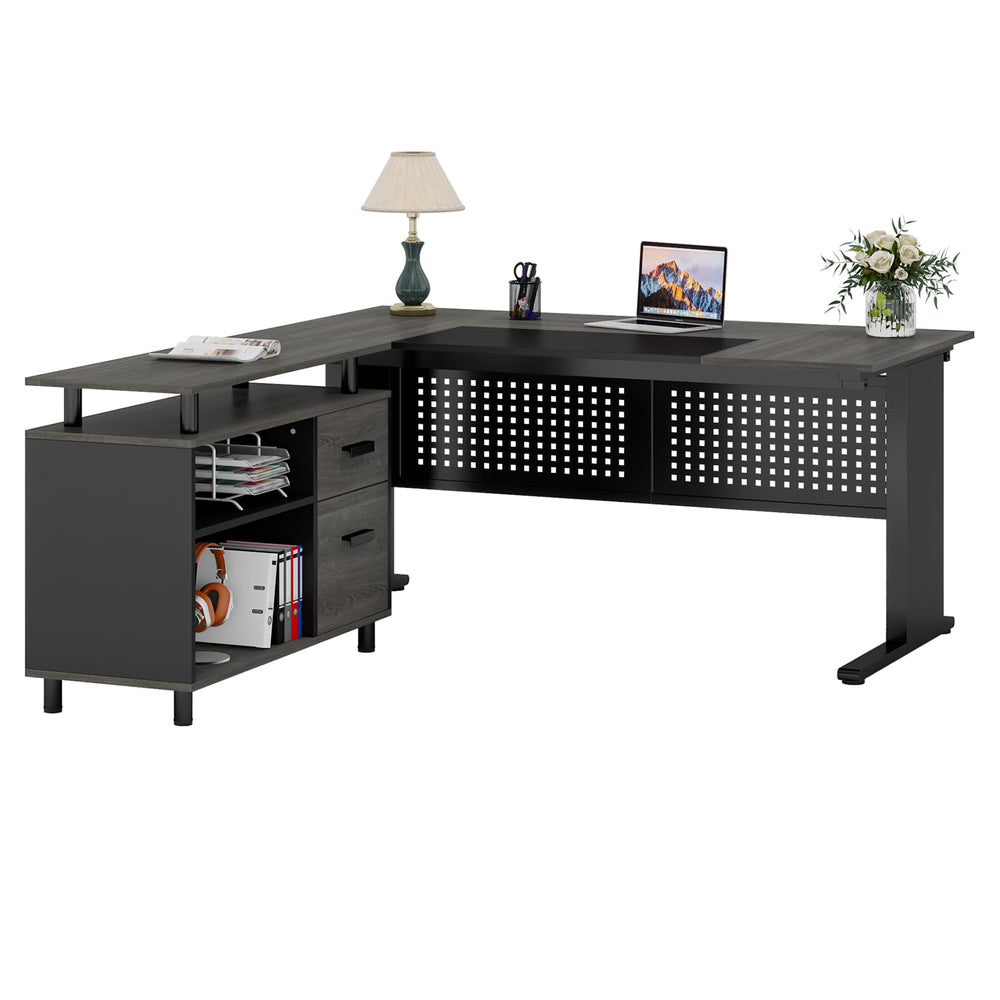 L-Shaped Executive Desk with File Cabinet and Storage Shelves