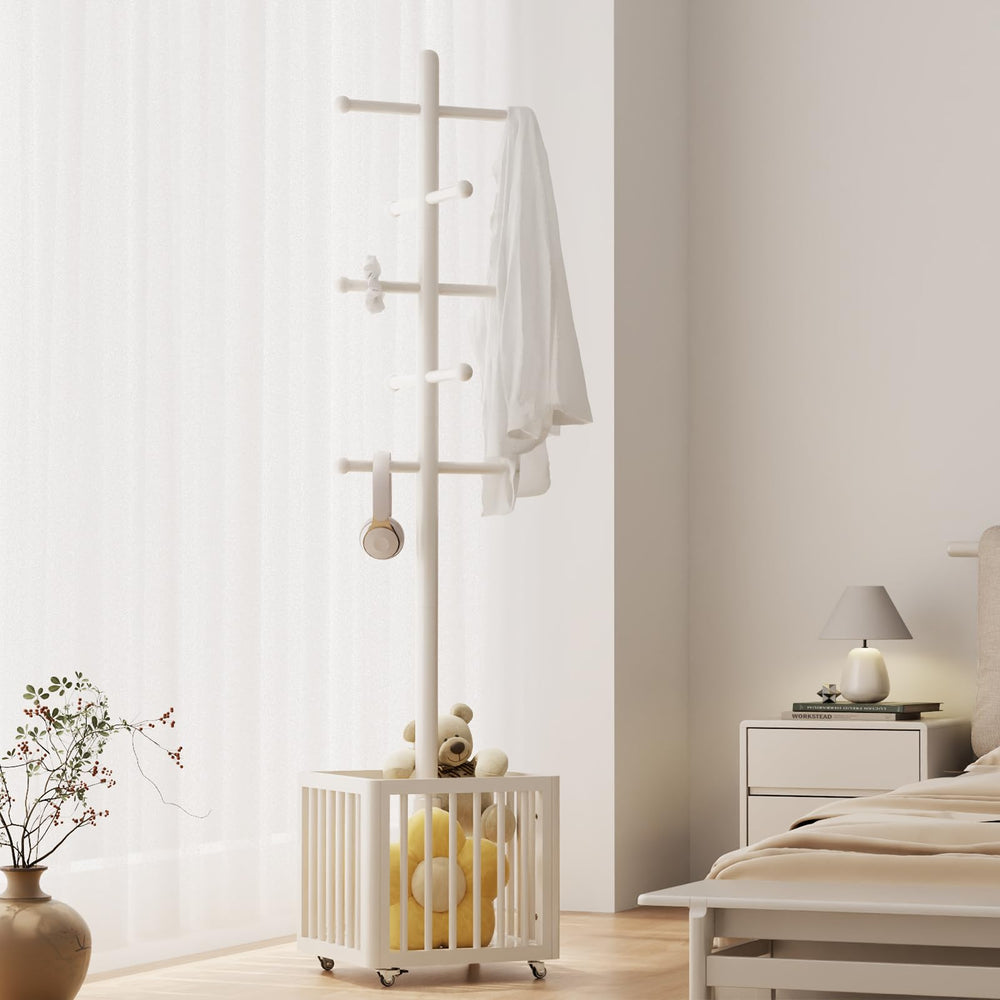 Freestanding Wood Coat Rack with 10 Hooks & Rolling Wheels