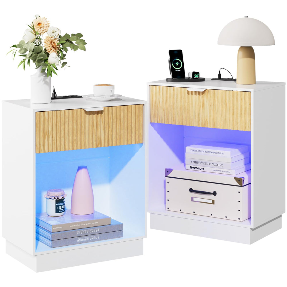 Fluted Nightstand Set of 2 with Charging Station & LED Lights