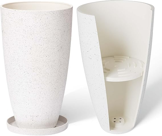 Tall Round Planters Set of 2 with Drainage Holes and Shelf