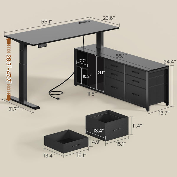 L Shaped Electric Standing Desk with Drawers