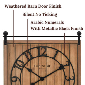 Farmhouse Barn Door Wall Clock – Shiplap Style, Silent, 3D Arabic Numerals, 23"H x 21"W