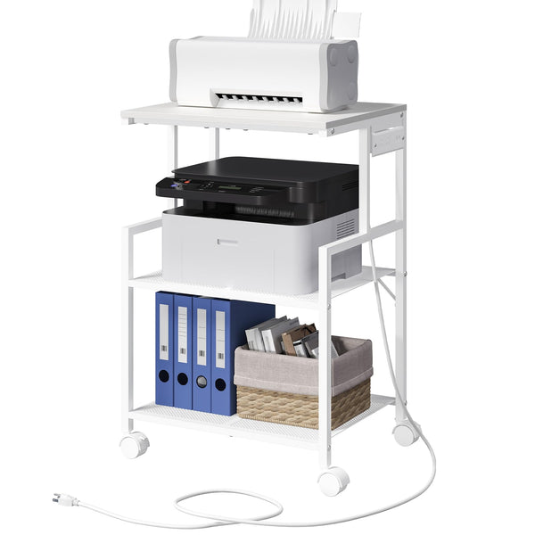 3-Tier Rolling Printer Stand with Charging Station