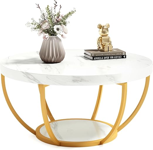 Round 2-Tier Coffee Table with Open Storage, 32 Inch