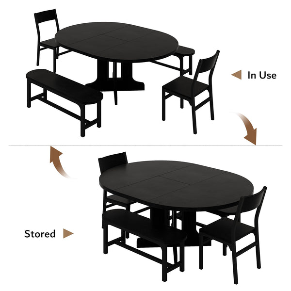 5-Piece Extendable Round Dining Table Set with Chairs and Benches