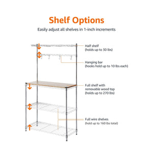 3-Tier Kitchen Baker's Rack with Wood Shelf and Chrome Wire Shelves