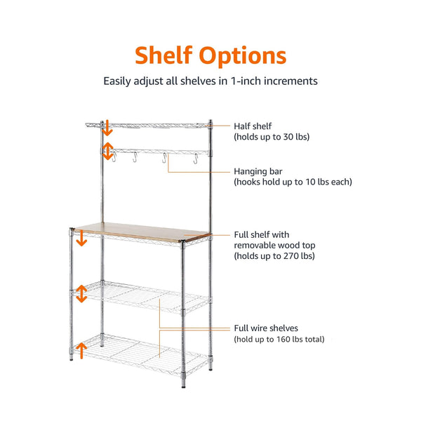 3-Tier Kitchen Baker's Rack with Wood Shelf and Chrome Wire Shelves