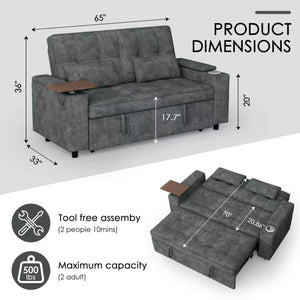 65" Convertible Sleeper Sofa Bed with Storage & USB Charging