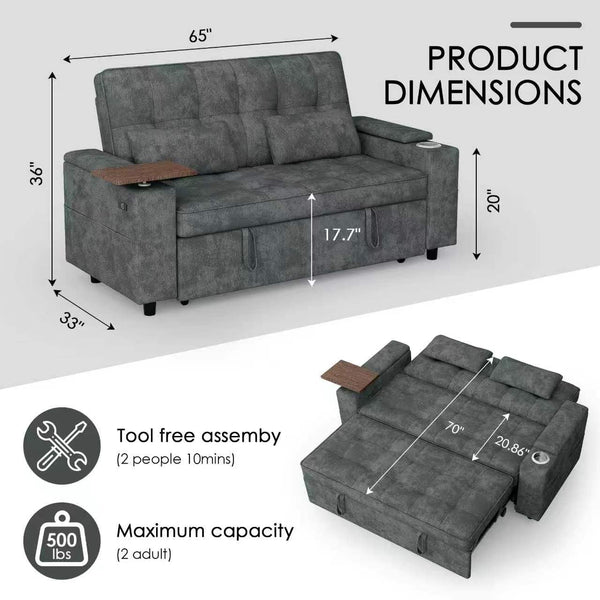 65" Convertible Sleeper Sofa Bed with Storage & USB Charging
