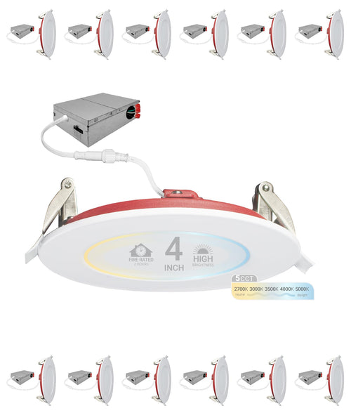 4 Inch Fire Rated LED Recessed Light – 12 Pack, 5 CCT Selectable, Dimmable, Canless Wafer Downlight