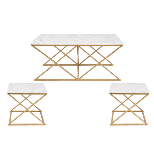 3-Piece Faux Marble Nesting Coffee Table Set with Gold Metal Frame