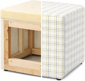 19" Square Upholstered Cube Ottoman – Wood Frame, Plaid Fabric