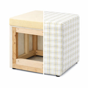 19" Square Upholstered Cube Ottoman – Wood Frame, Plaid Fabric