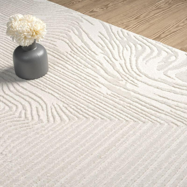 Cream Geometric Area Rug – Wavy Border Pattern