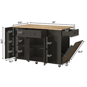 59" Rolling Kitchen Island Table on Wheels with Drop Leaf & Power Outlet