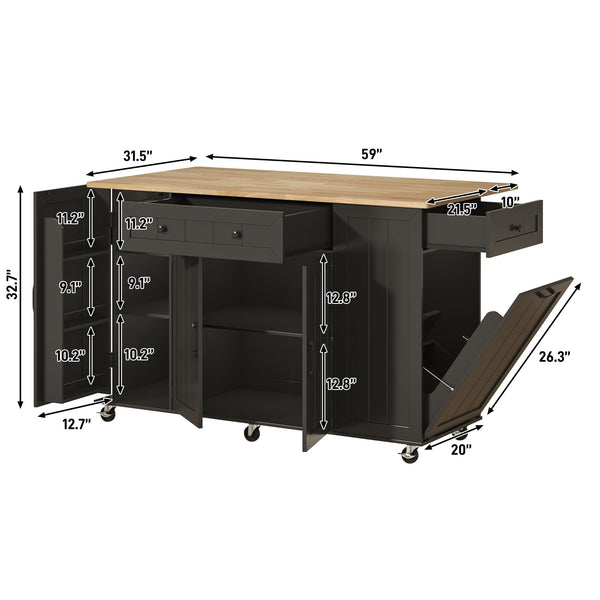 59" Rolling Kitchen Island Table on Wheels with Drop Leaf & Power Outlet