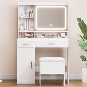 Vanity Desk with LED Mirror, Power Outlets & Storage