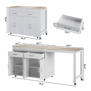 OtterOasis 78" Rolling Kitchen Island with Extendable Dining Table, Mobile Island with Storage for 2, Farmhouse Wood 4-Door Cabinet for Kitchen & Dining Room, White