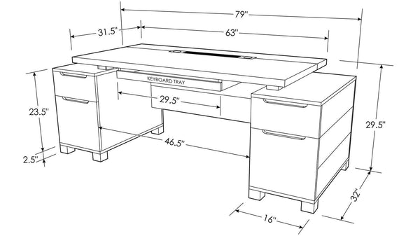 79" Modern Executive Desk with Filing Cabinets – White