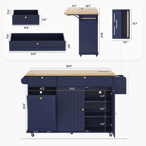 Rolling Kitchen Island Cart with Extendable Table & Power Outlet