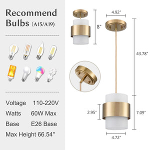 Frosted Glass Pendant Light – Gold Metal Ceiling Hanging Fixture