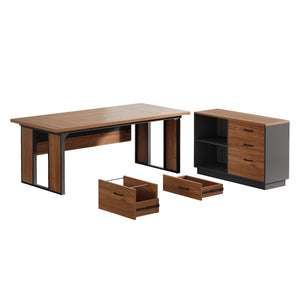 L-Shaped Executive Desk with File Cabinet and Storage Shelves