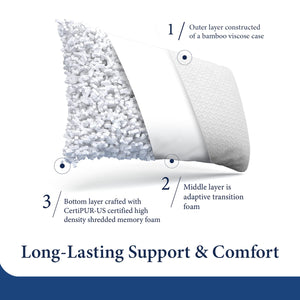Adjustable Shredded Memory Foam Pillow – Bamboo Cover, Queen & King Sizes