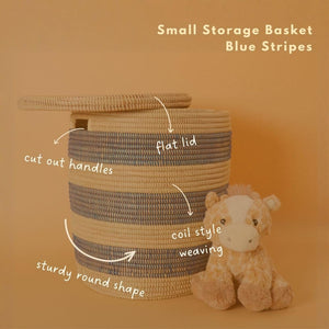 Navy Stripe Wicker Storage Basket with Lid and Handles