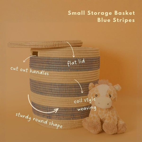 Navy Stripe Wicker Storage Basket with Lid and Handles