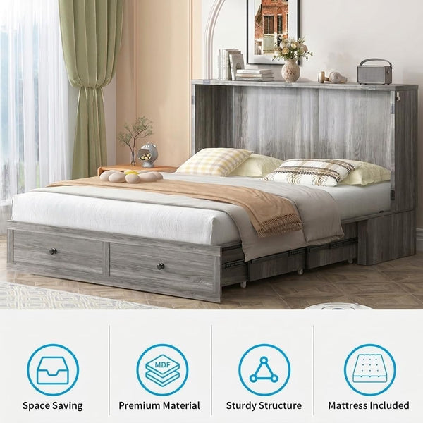 Queen Murphy Bed Cabinet with USB Charging & Storage