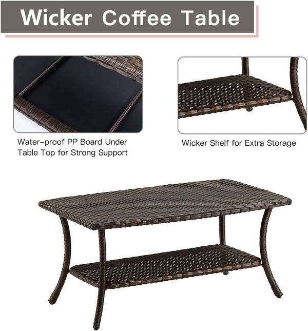 2-Tier Outdoor Rattan Coffee Table with Storage