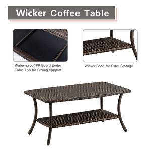 Wicker Patio Coffee Table with 2-Tier Storage