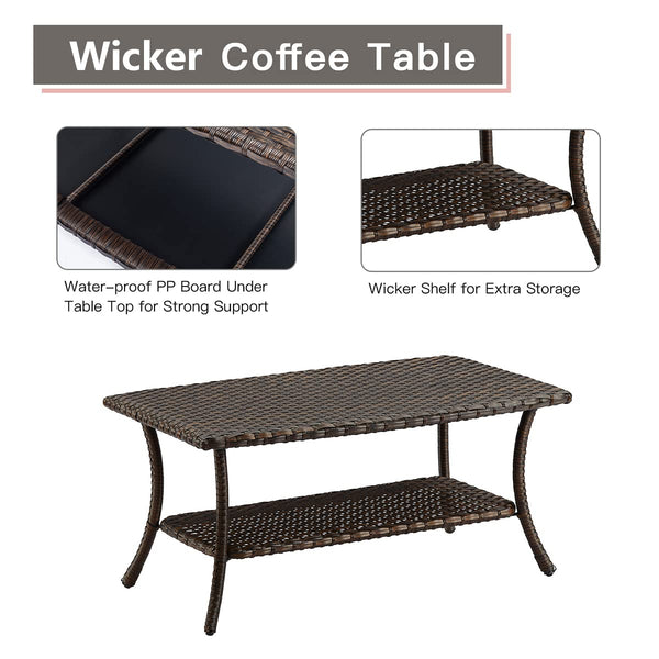 Wicker Patio Coffee Table with 2-Tier Storage