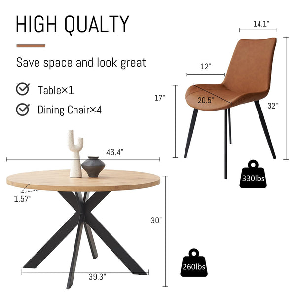 46.4" Round Dining Table Set for 4-6 – Steel Legs, Upholstered Chairs