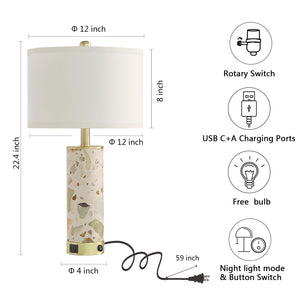 Stone Table Lamp with Night Light & USB Ports – Set of 2