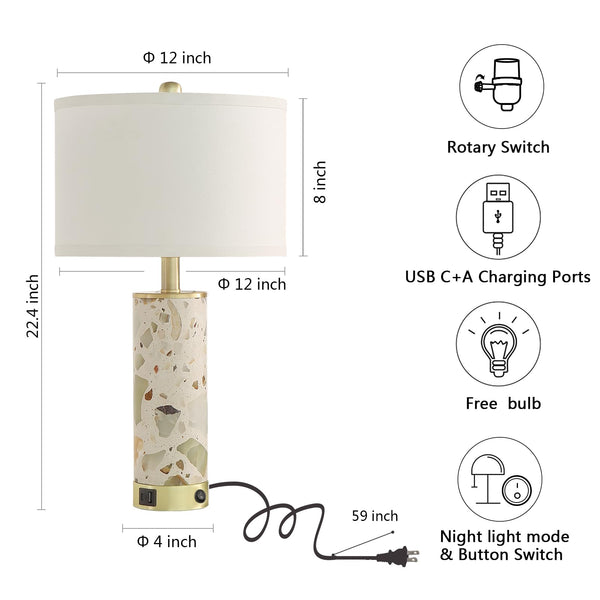 Stone Table Lamp with Night Light & USB Ports – Set of 2