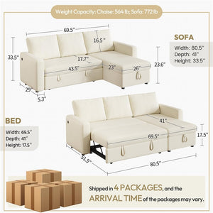 L-Shaped Sectional Sleeper Sofa with Pull-Out Bed, Chaise Storage & USB Charging