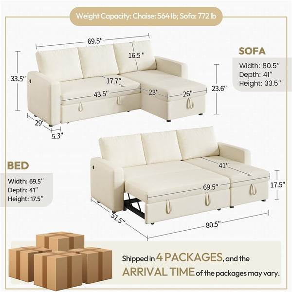 L-Shaped Sectional Sleeper Sofa with Pull-Out Bed, Chaise Storage & USB Charging