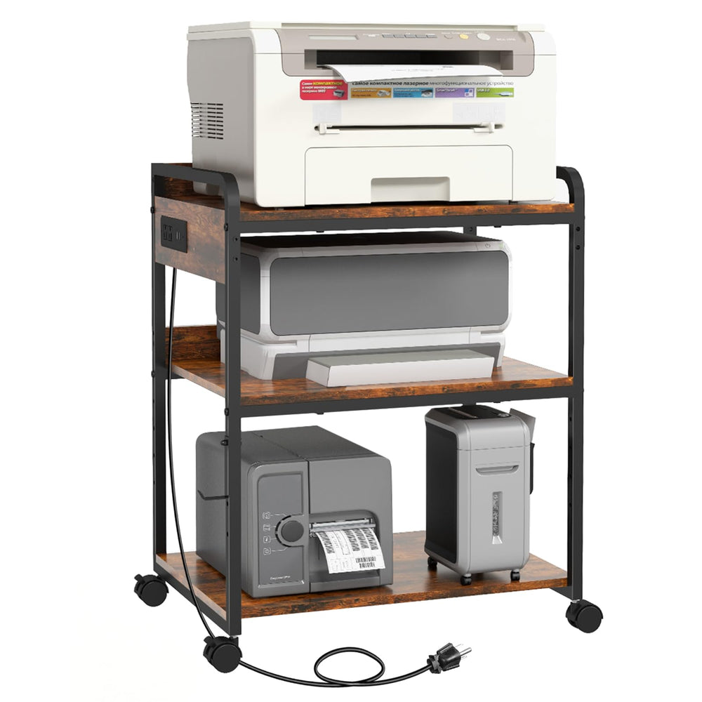 3-Tier Printer Stand with Wheels, Power Outlet & USB Port